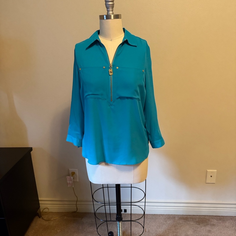 Michael Kors Teal Zip-Front Long Sleeve Blouse